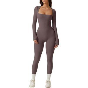 Women Dark Grey Sexy Square Neck Long Sleeve Full Length Legging Bodycon Jumpsui